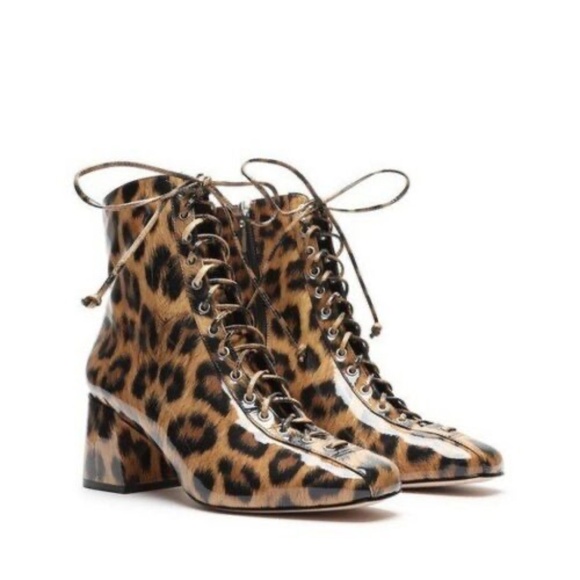New! SCHUTZ Kika Leopard print Patent Leather Lace up boots booties 5 block heel - Picture 1 of 8